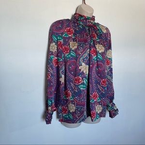 Vintage 80s floral paisley draped silky high neck blouse